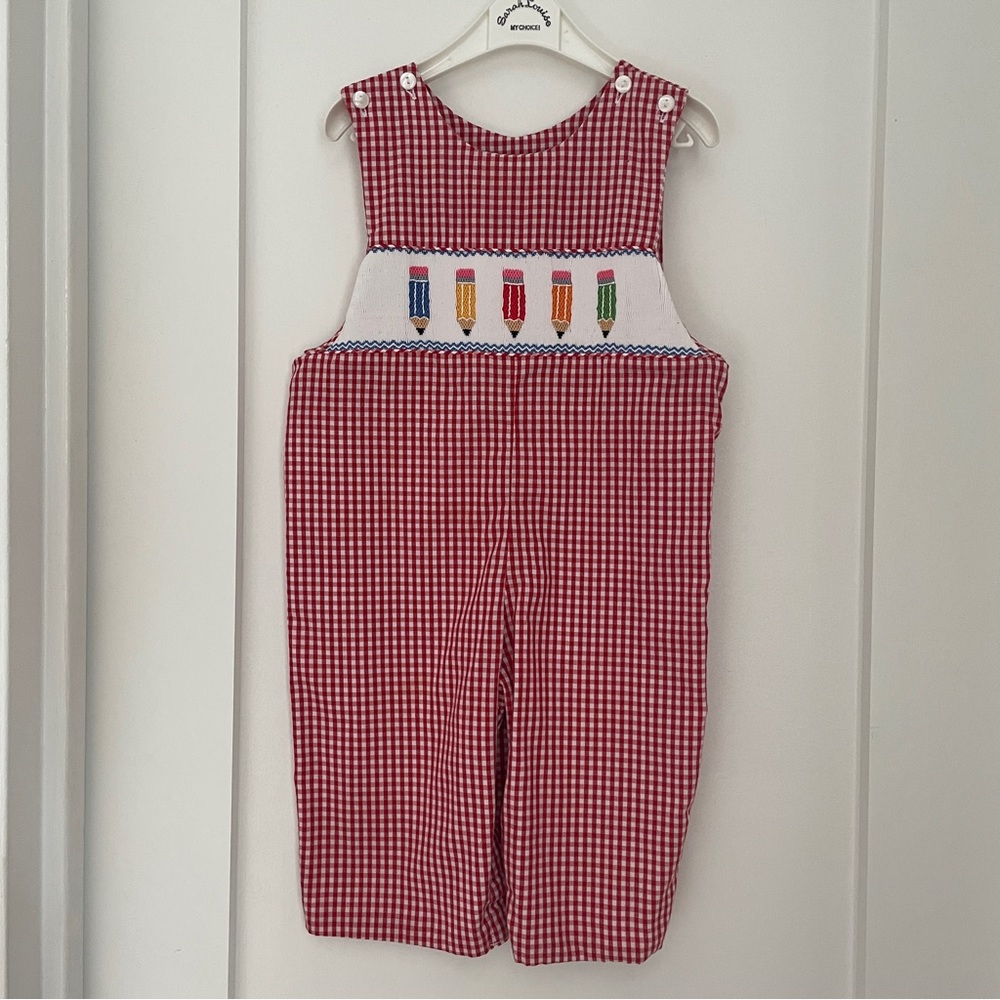✏️ Smocked Red Gingham Longall withPencil Design, Velani by Anavini  (9-12M)
